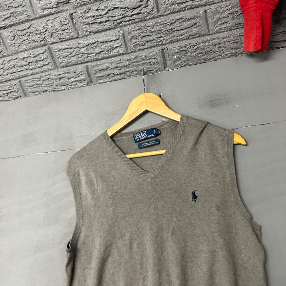 Polo Ralph Lauren Mens Medium Grey 100% Pima Cotton V-Neck Sweater Vest Logo